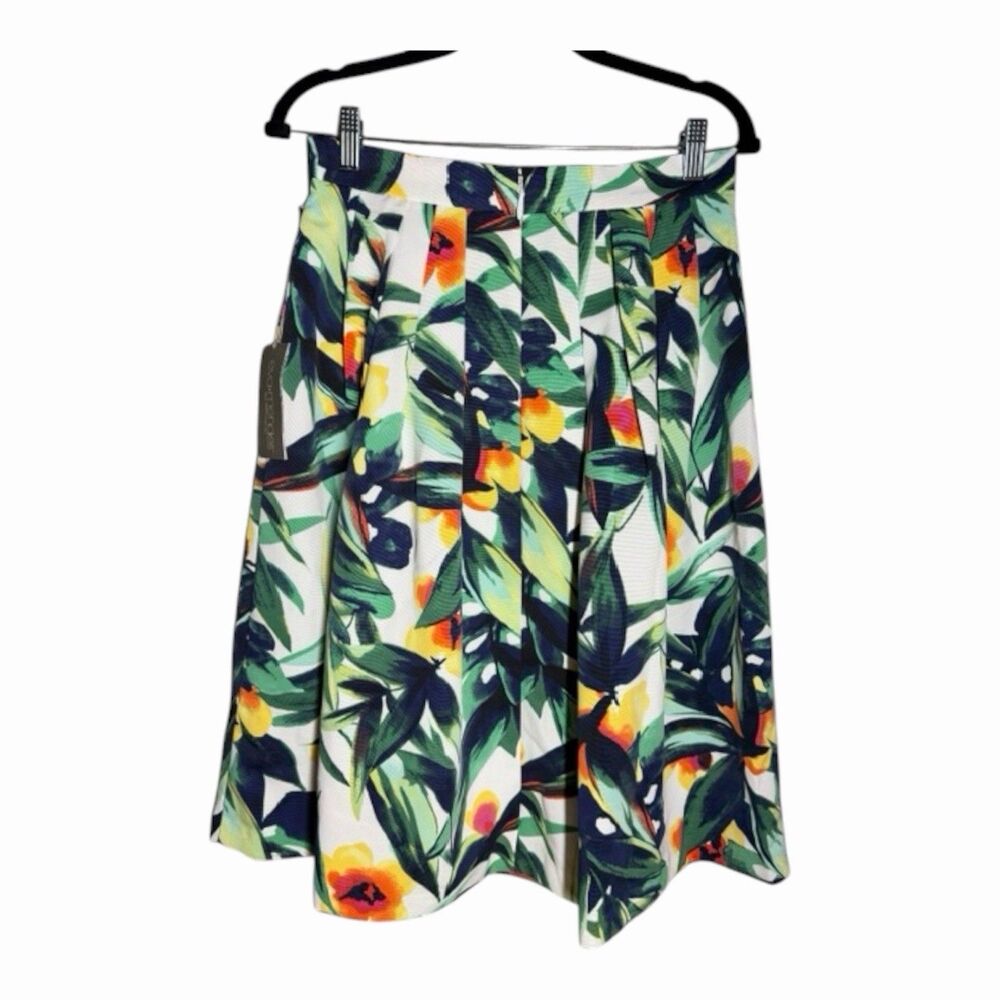 Eva Mendes NY&C Floral Pleated Midi Skirt Fit Flare Tropical Botanical NWT 4